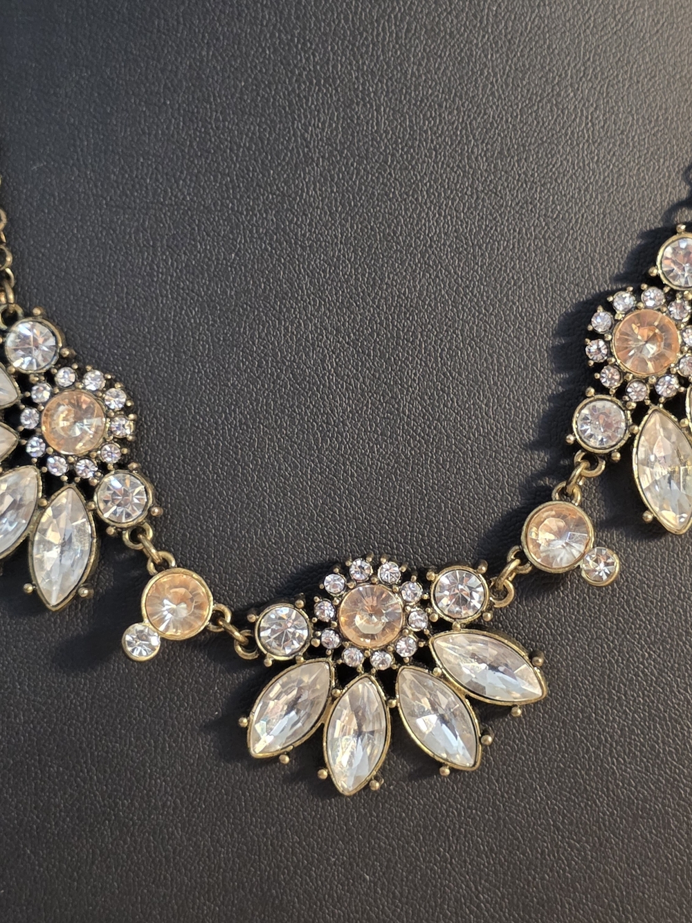 Antique Gold-Tone Crystal Statement Necklace - Champagne & Clear Rhinestones.